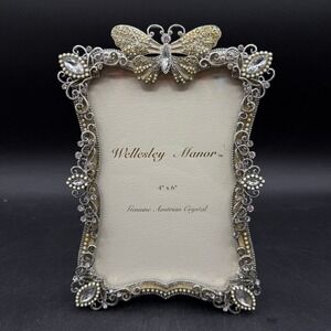 Vintage Wellesley Manor Butterfly Picture Frame 4x6 Jeweled Crystal Silver Boho